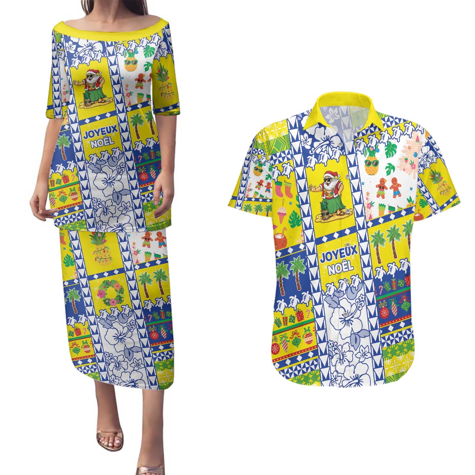 New Caledonia Christmas Couples Matching Puletasi and Hawaiian Shirt Festive Beach Vibes - Polynesian Pride