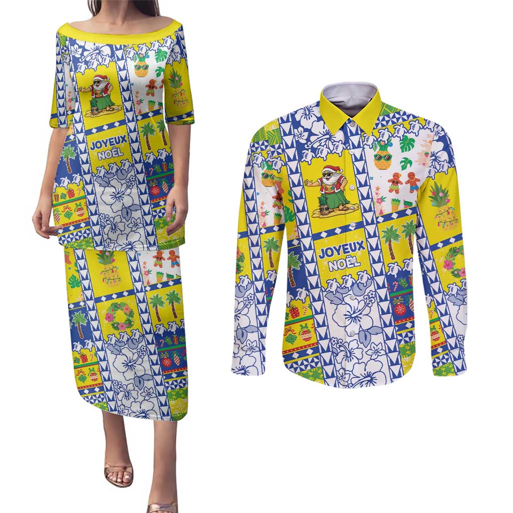 New Caledonia Christmas Couples Matching Puletasi and Long Sleeve Button Shirt Festive Beach Vibes - Polynesian Pride