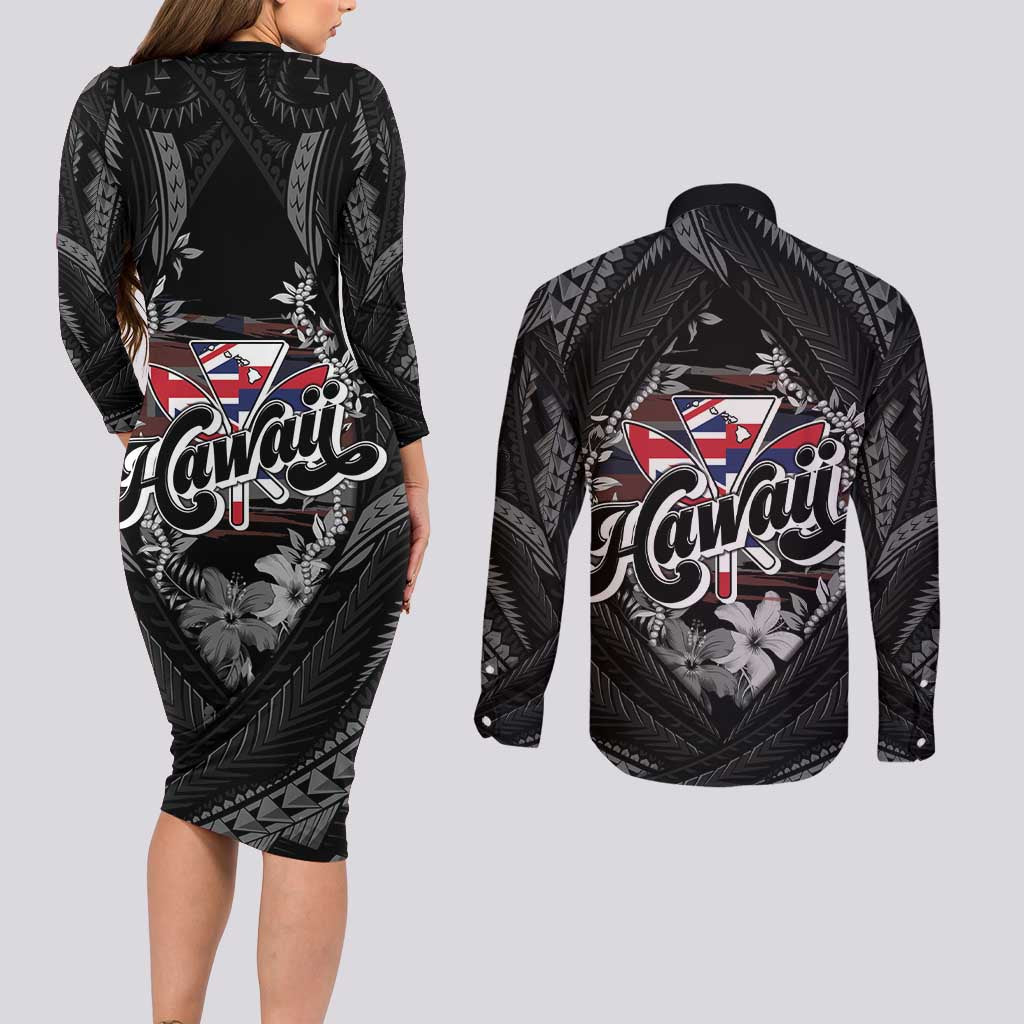 Hawaii November 28th Couples Matching Long Sleeve Bodycon Dress and Long Sleeve Button Shirt Kanaka Maoli Tribal Pattern - Polynesian Pride