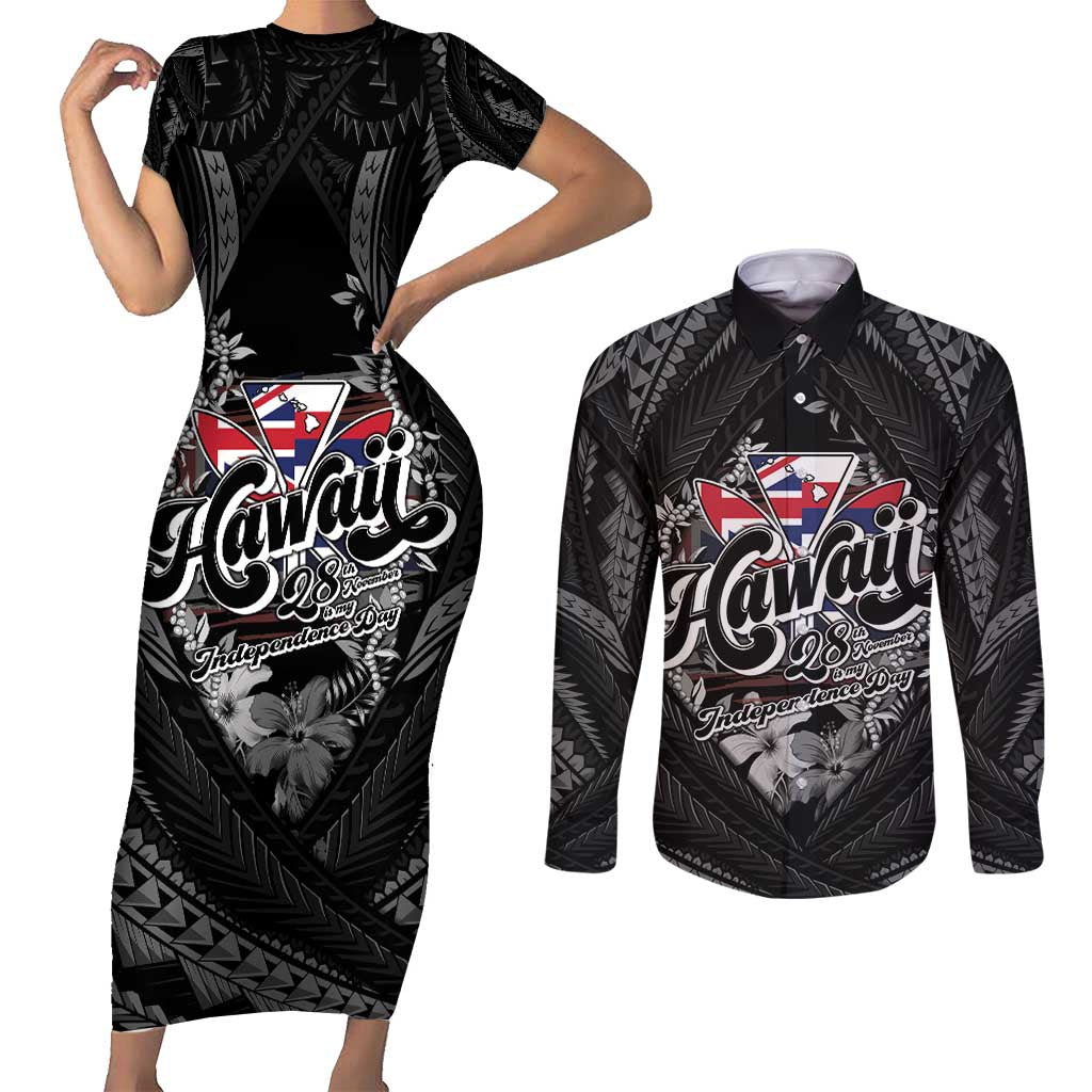 Hawaii November 28th Couples Matching Short Sleeve Bodycon Dress and Long Sleeve Button Shirt Kanaka Maoli Tribal Pattern - Polynesian Pride