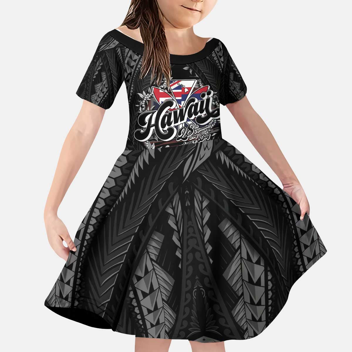 Hawaii November 28th Kid Short Sleeve Dress Kanaka Maoli Tribal Pattern - Polynesian Pride