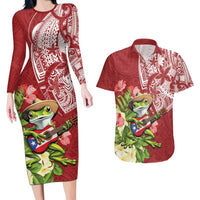 Puerto Rico Coqui Frog Couples Matching Long Sleeve Bodycon Dress and Hawaiian Shirt Tropical Flowers Polynesian Style LT05 Red - Polynesian Pride