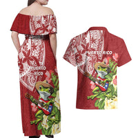 Puerto Rico Coqui Frog Couples Matching Off Shoulder Maxi Dress and Hawaiian Shirt Tropical Flowers Polynesian Style LT05 - Polynesian Pride