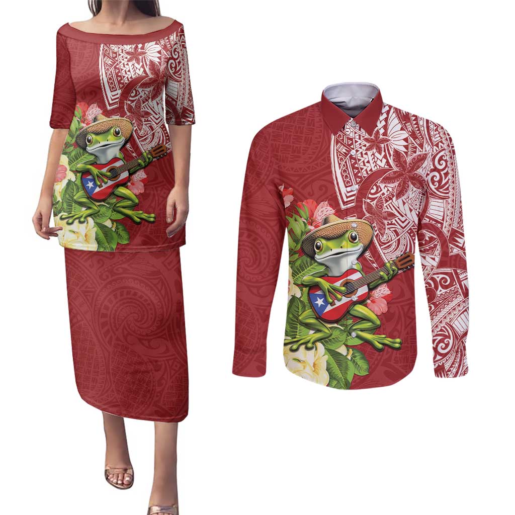 Puerto Rico Coqui Frog Couples Matching Puletasi and Long Sleeve Button Shirt Tropical Flowers Polynesian Style - Polynesian Pride