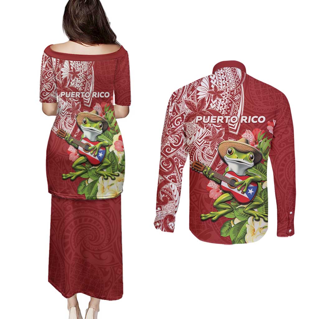 Puerto Rico Coqui Frog Couples Matching Puletasi and Long Sleeve Button Shirt Tropical Flowers Polynesian Style - Polynesian Pride