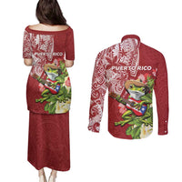 Puerto Rico Coqui Frog Couples Matching Puletasi and Long Sleeve Button Shirt Tropical Flowers Polynesian Style - Polynesian Pride