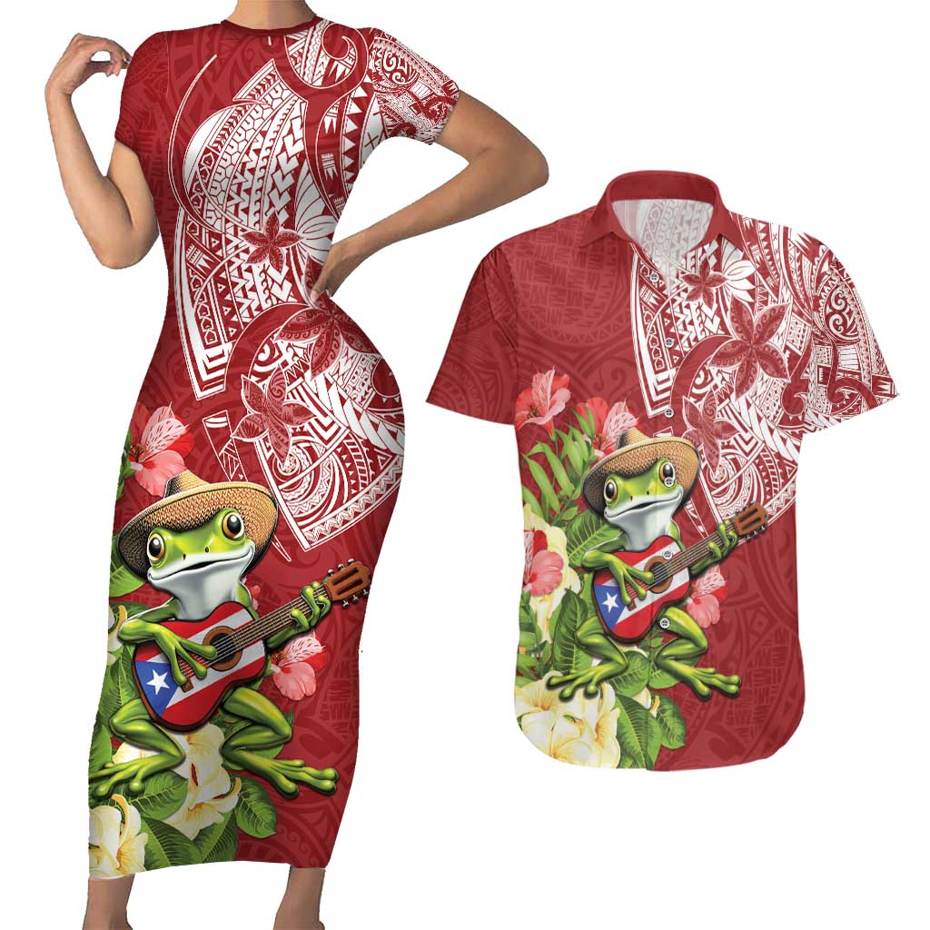 Puerto Rico Coqui Frog Couples Matching Short Sleeve Bodycon Dress and Hawaiian Shirt Tropical Flowers Polynesian Style LT05 Red - Polynesian Pride