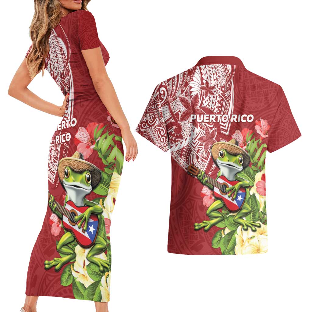 Puerto Rico Coqui Frog Couples Matching Short Sleeve Bodycon Dress and Hawaiian Shirt Tropical Flowers Polynesian Style LT05 - Polynesian Pride