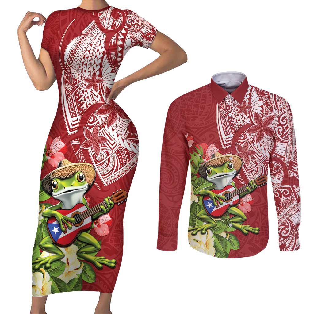 Puerto Rico Coqui Frog Couples Matching Short Sleeve Bodycon Dress and Long Sleeve Button Shirt Tropical Flowers Polynesian Style LT05 Red - Polynesian Pride