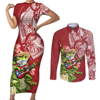 Puerto Rico Coqui Frog Couples Matching Short Sleeve Bodycon Dress and Long Sleeve Button Shirt Tropical Flowers Polynesian Style LT05 Red - Polynesian Pride