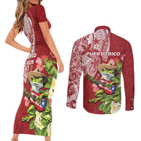 Puerto Rico Coqui Frog Couples Matching Short Sleeve Bodycon Dress and Long Sleeve Button Shirt Tropical Flowers Polynesian Style LT05 - Polynesian Pride