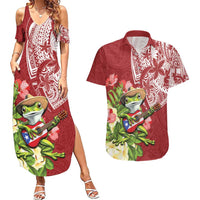 Puerto Rico Coqui Frog Couples Matching Summer Maxi Dress and Hawaiian Shirt Tropical Flowers Polynesian Style LT05 Red - Polynesian Pride