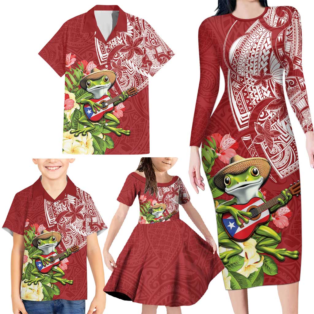 Puerto Rico Coqui Frog Family Matching Long Sleeve Bodycon Dress and Hawaiian Shirt Tropical Flowers Polynesian Style LT05 - Polynesian Pride