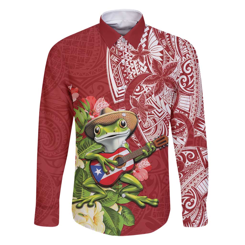 Puerto Rico Coqui Frog Family Matching Long Sleeve Bodycon Dress and Hawaiian Shirt Tropical Flowers Polynesian Style LT05 Dad's Shirt - Long Sleeve Red - Polynesian Pride