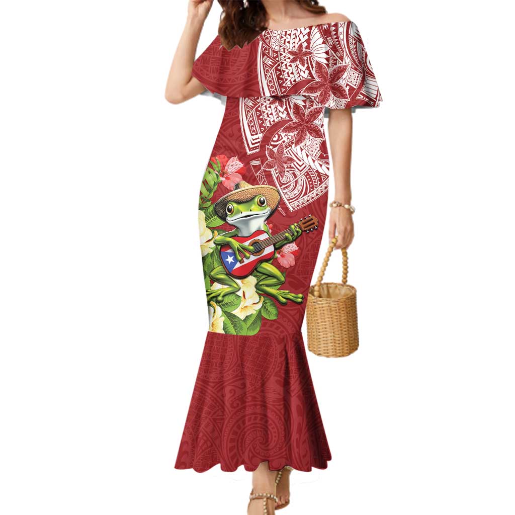 Puerto Rico Coqui Frog Family Matching Mermaid Dress and Hawaiian Shirt Tropical Flowers Polynesian Style LT05 Mom's Dress Red - Polynesian Pride