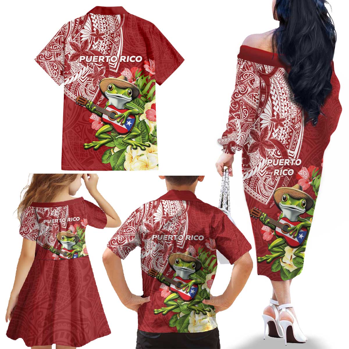 Puerto Rico Coqui Frog Family Matching Off The Shoulder Long Sleeve Dress and Hawaiian Shirt Tropical Flowers Polynesian Style LT05 - Polynesian Pride
