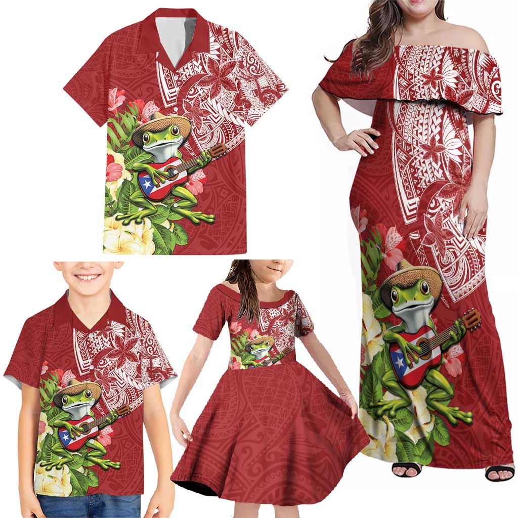 Puerto Rico Coqui Frog Family Matching Off Shoulder Maxi Dress and Hawaiian Shirt Tropical Flowers Polynesian Style LT05 - Polynesian Pride