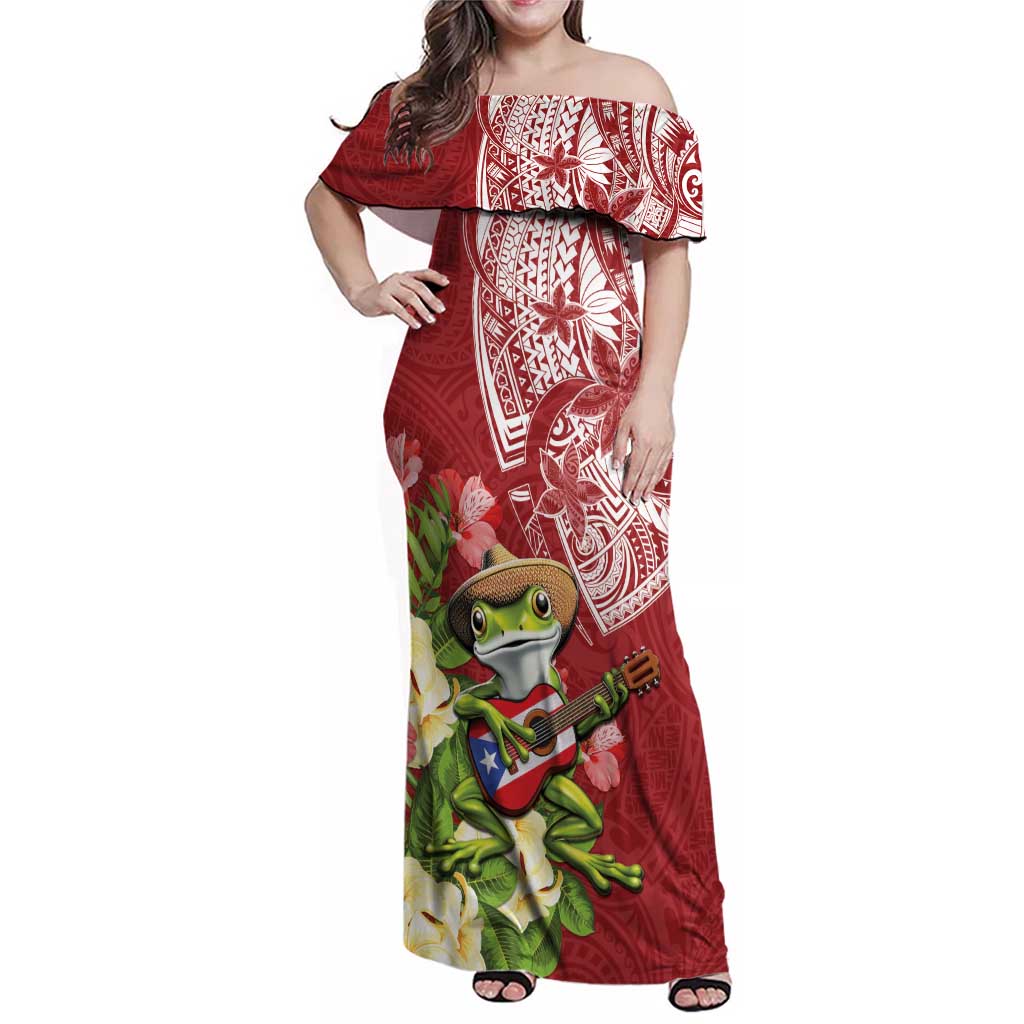 Puerto Rico Coqui Frog Family Matching Off Shoulder Maxi Dress and Hawaiian Shirt Tropical Flowers Polynesian Style LT05 Mom's Dress Red - Polynesian Pride