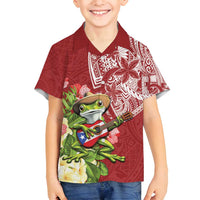 Puerto Rico Coqui Frog Family Matching Off Shoulder Maxi Dress and Hawaiian Shirt Tropical Flowers Polynesian Style LT05 Son's Shirt Red - Polynesian Pride