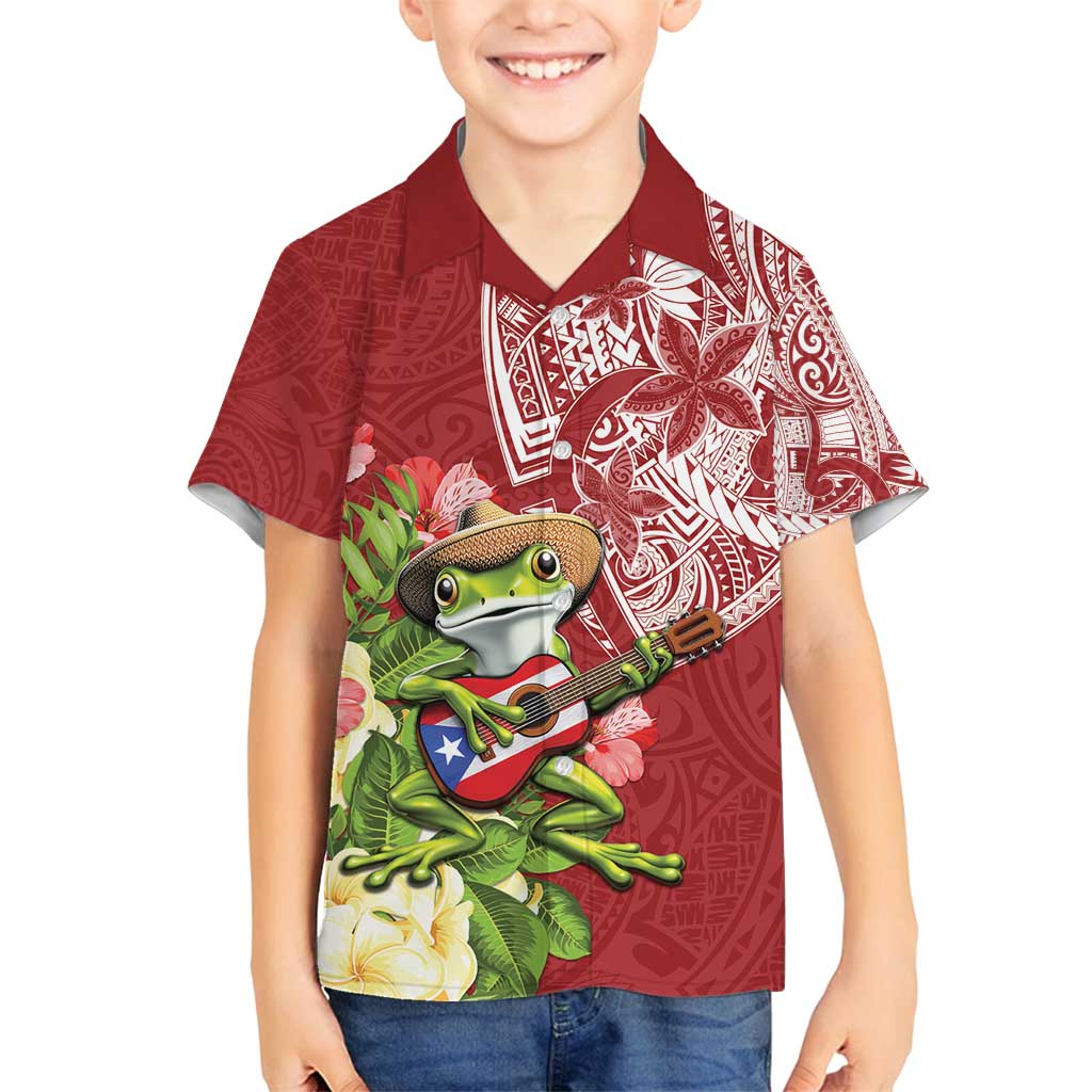 Puerto Rico Coqui Frog Family Matching Off Shoulder Short Dress and Hawaiian Shirt Tropical Flowers Polynesian Style LT05 Son's Shirt Red - Polynesian Pride