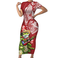 Puerto Rico Coqui Frog Family Matching Short Sleeve Bodycon Dress and Hawaiian Shirt Tropical Flowers Polynesian Style LT05 Mom's Dress Red - Polynesian Pride