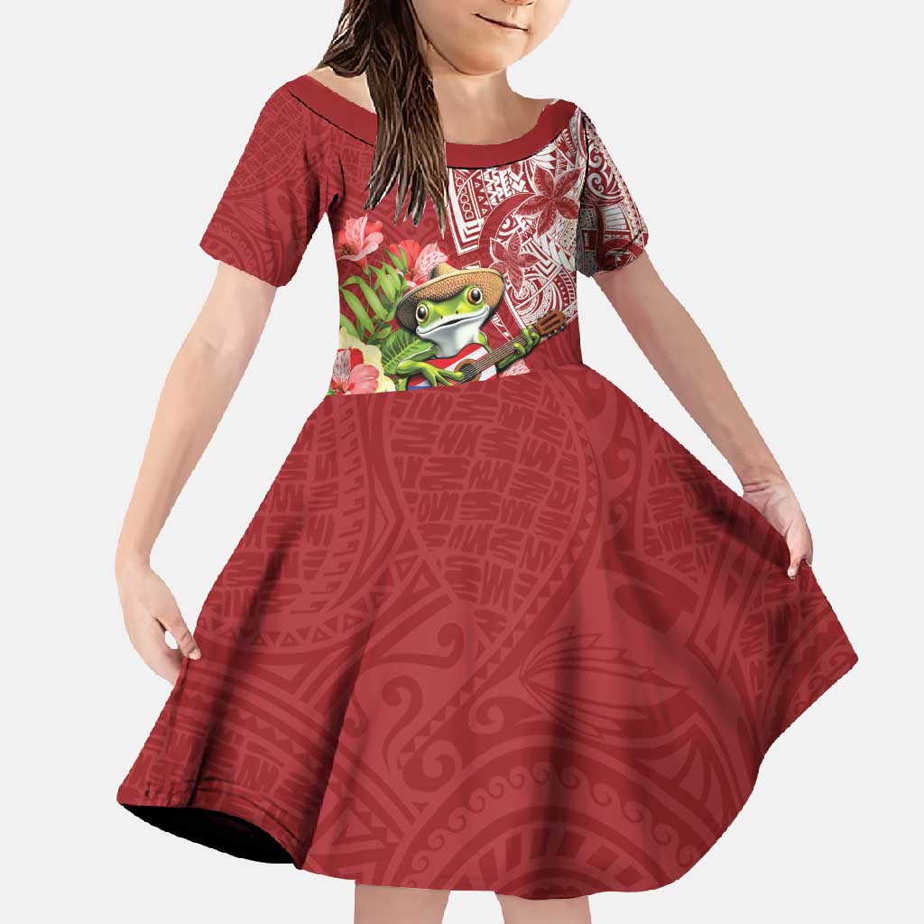 Puerto Rico Coqui Frog Family Matching Tank Maxi Dress and Hawaiian Shirt Tropical Flowers Polynesian Style LT05 Daughter's Dress Red - Polynesian Pride