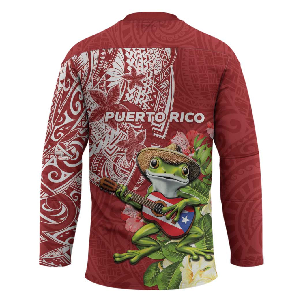Puerto Rico Coqui Frog Hockey Jersey Tropical Flowers Polynesian Style - Polynesian Pride
