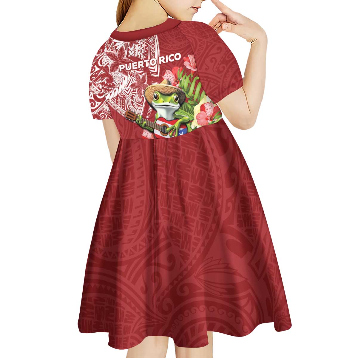 Puerto Rico Coqui Frog Kid Short Sleeve Dress Tropical Flowers Polynesian Style - Polynesian Pride