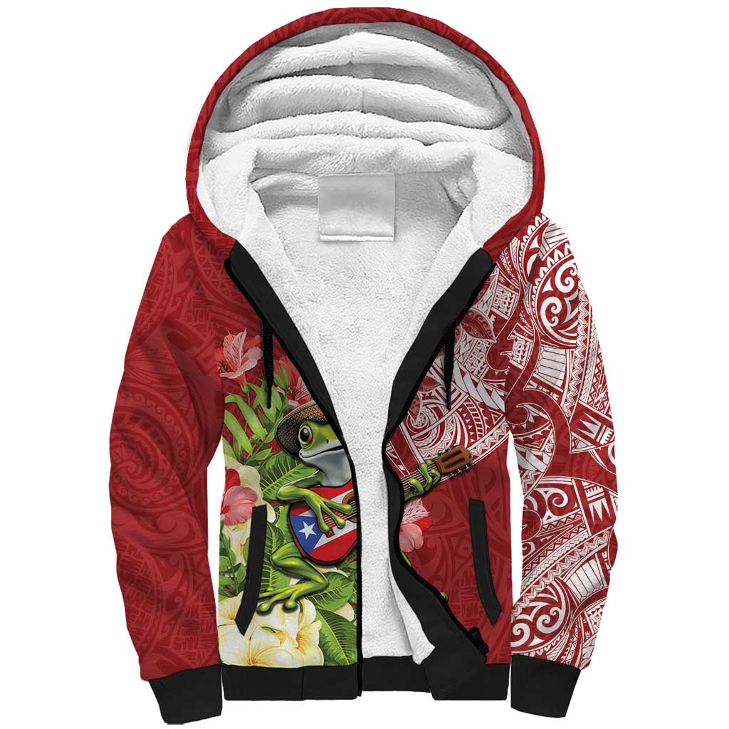 Puerto Rico Coqui Frog Sherpa Hoodie Tropical Flowers Polynesian Style - Polynesian Pride
