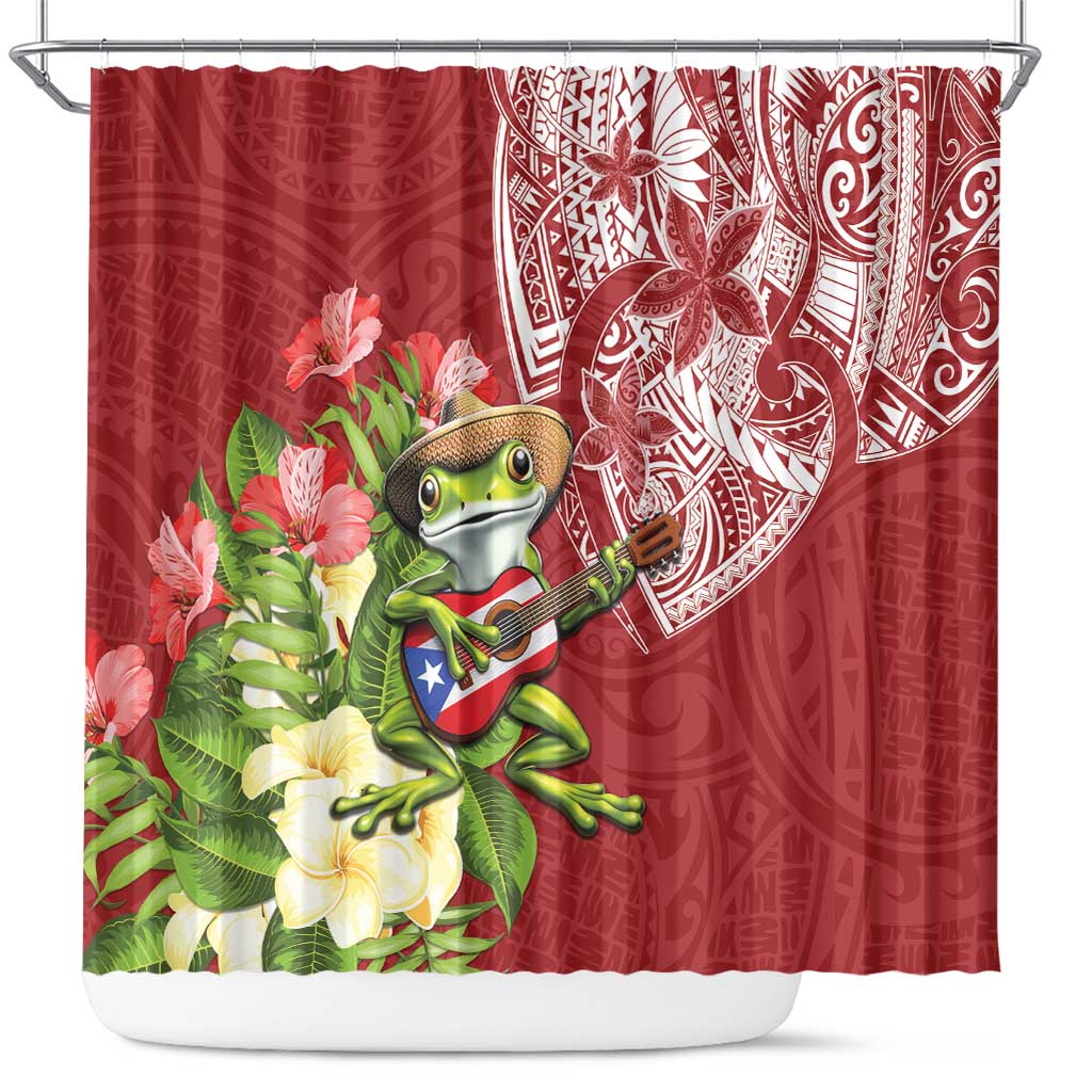 Puerto Rico Coqui Frog Shower Curtain Tropical Flowers Polynesian Style LT05 Red - Polynesian Pride
