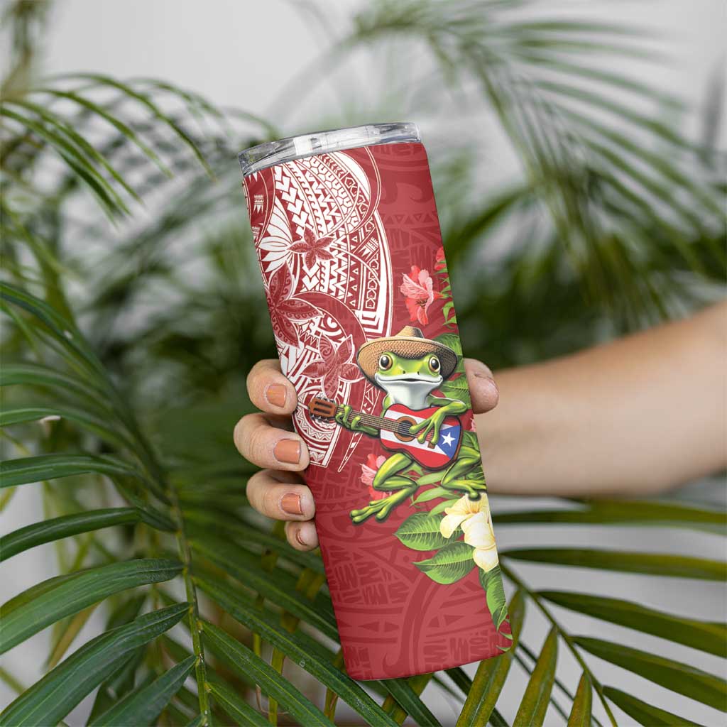 Puerto Rico Coqui Frog Skinny Tumbler Tropical Flowers Polynesian Style - Polynesian Pride