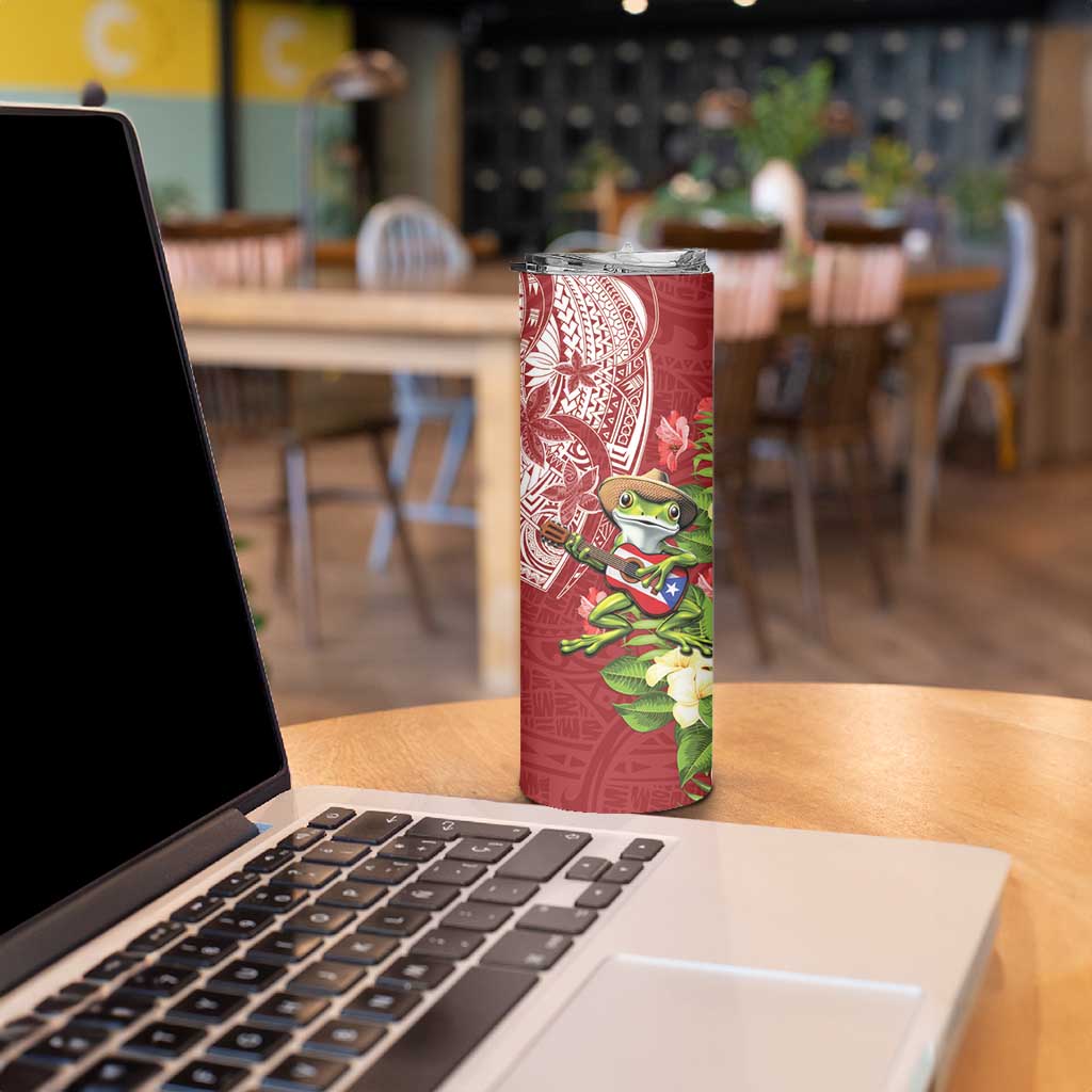 Puerto Rico Coqui Frog Skinny Tumbler Tropical Flowers Polynesian Style - Polynesian Pride