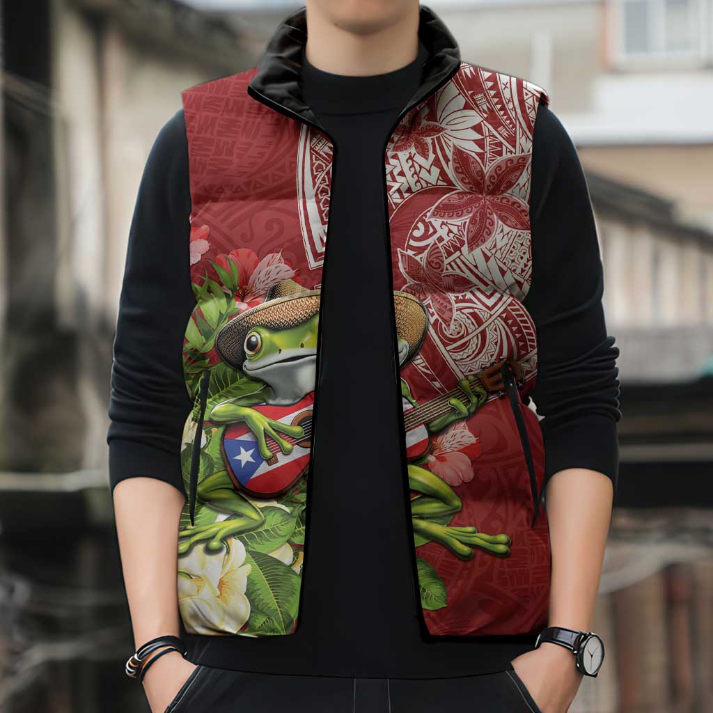 Puerto Rico Coqui Frog Sleeveless Puffer Jacket Tropical Flowers Polynesian Style - Polynesian Pride