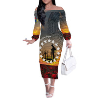 Cook Islands ANZAC Day Family Matching Off Shoulder Long Sleeve Dress and Hawaiian Shirt Lest We Forget LT05 Mom's Dress Grey - Polynesian Pride