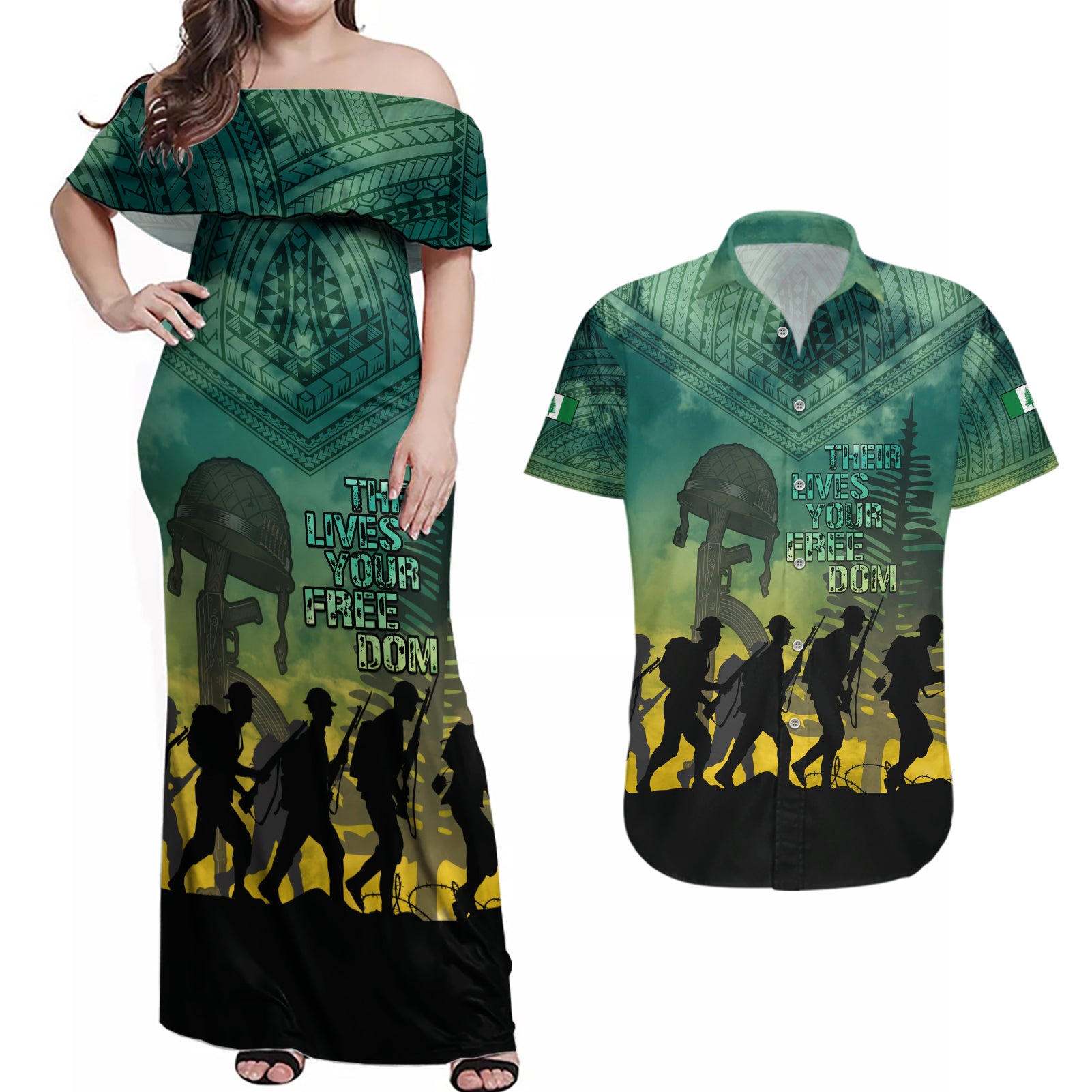 Norfolk Island ANZAC Day Couples Matching Off Shoulder Maxi Dress and Hawaiian Shirt Lest We Forget LT05 Dark Cyan - Polynesian Pride