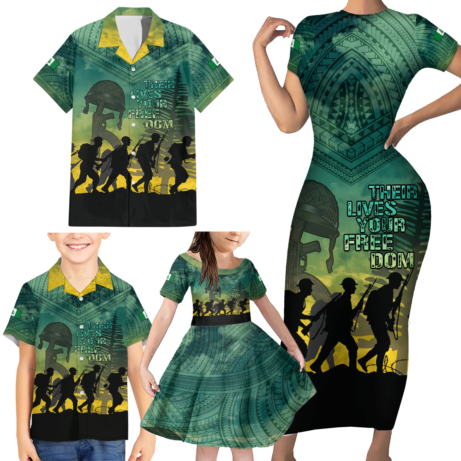 Norfolk Island ANZAC Day Family Matching Short Sleeve Bodycon Dress and Hawaiian Shirt Lest We Forget LT05 - Polynesian Pride