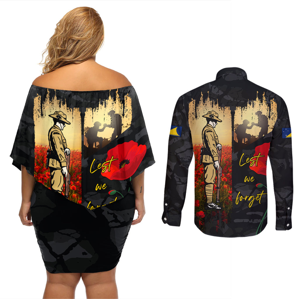 Tokelau ANZAC Day Couples Matching Off Shoulder Short Dress and Long Sleeve Button Shirt Lest We Forget LT05 - Polynesian Pride