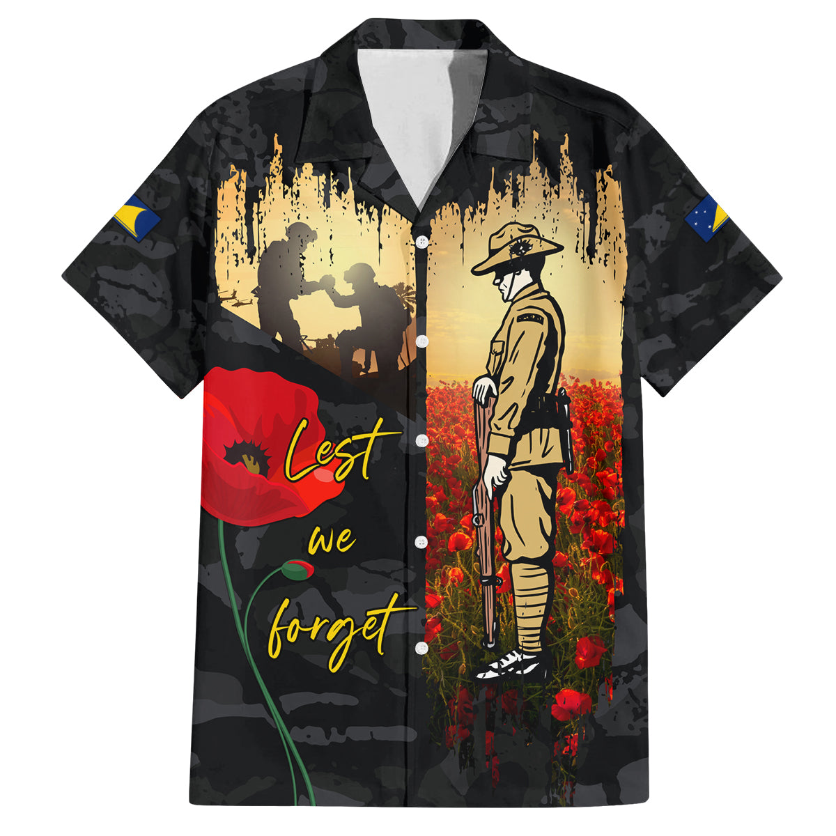 Tokelau ANZAC Day Family Matching Off Shoulder Short Dress and Hawaiian Shirt Lest We Forget LT05 Dad's Shirt - Short Sleeve Black - Polynesian Pride