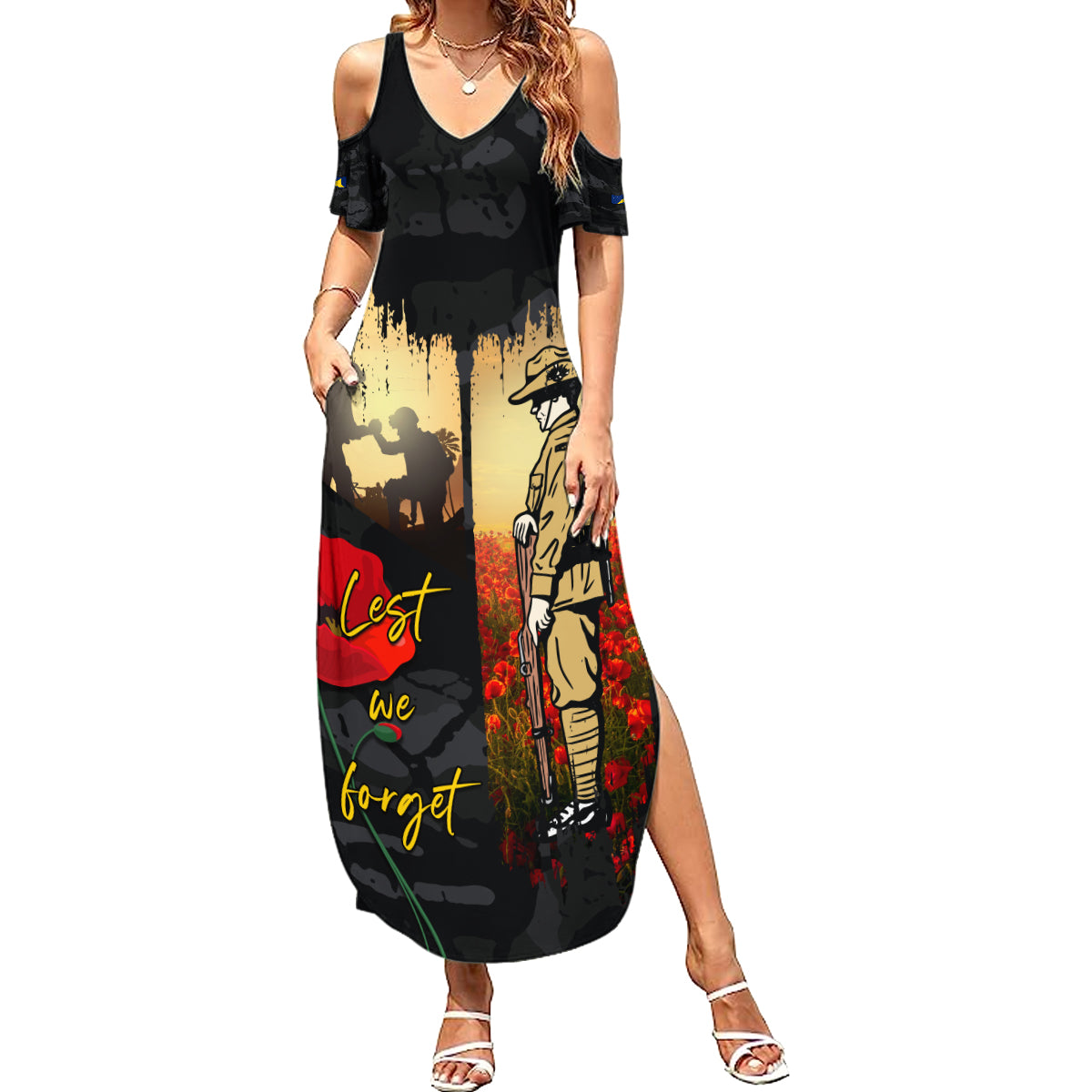 Tokelau ANZAC Day Summer Maxi Dress Lest We Forget LT05 Women Black - Polynesian Pride