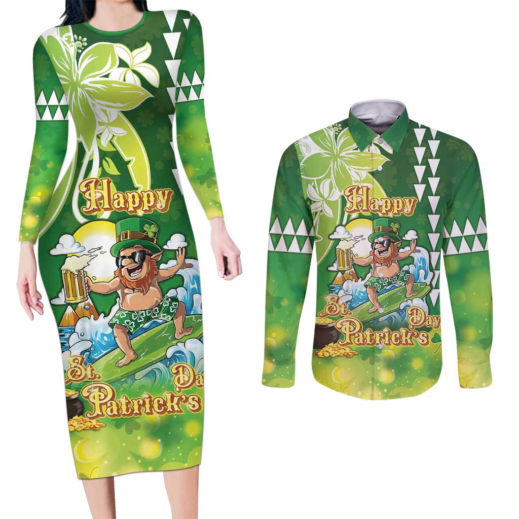 Hawaii Saint Patrick's Day Couples Matching Long Sleeve Bodycon Dress and Long Sleeve Button Shirt Funny Surfing Leprechaun