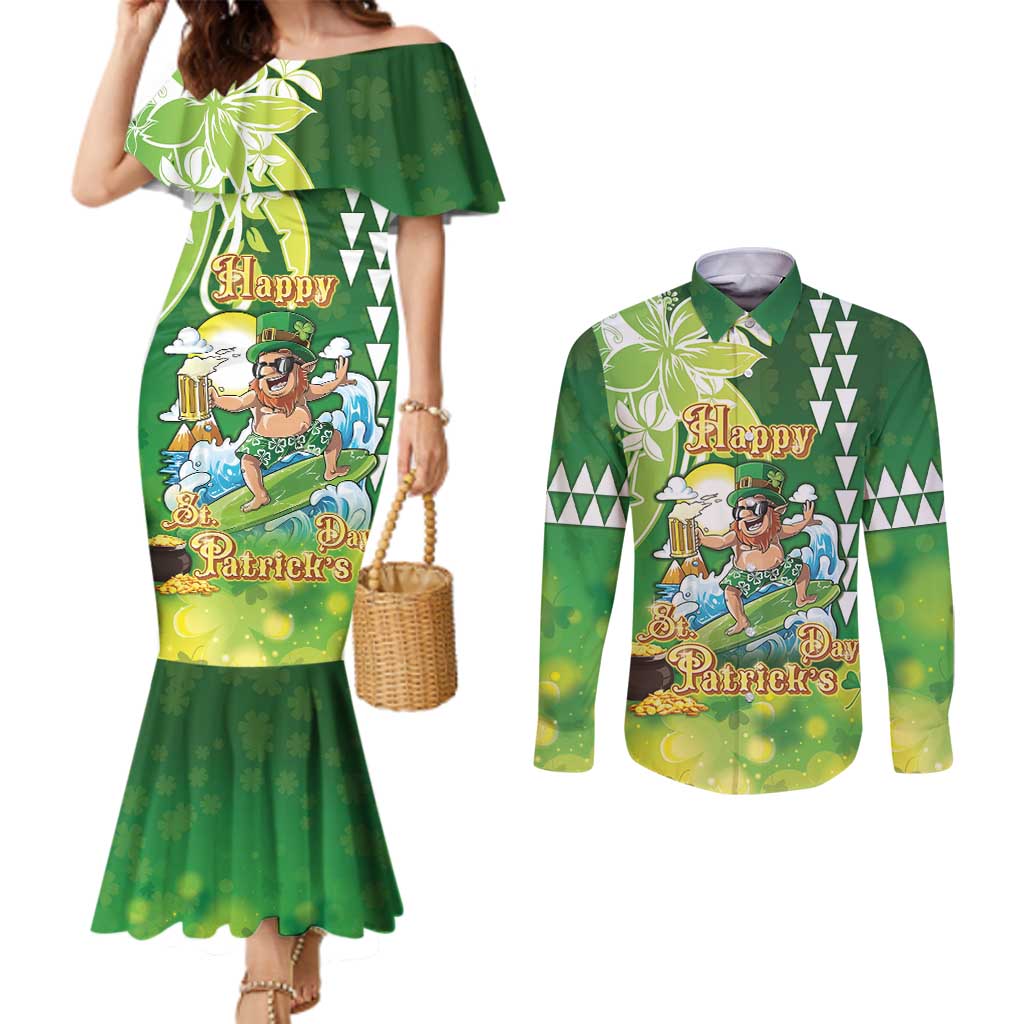 Hawaii Saint Patrick's Day Couples Matching Mermaid Dress and Long Sleeve Button Shirt Funny Surfing Leprechaun