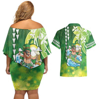 Hawaii Saint Patrick's Day Couples Matching Off Shoulder Short Dress and Hawaiian Shirt Funny Surfing Leprechaun