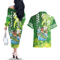 Hawaii Saint Patrick's Day Couples Matching Off The Shoulder Long Sleeve Dress and Hawaiian Shirt Funny Surfing Leprechaun