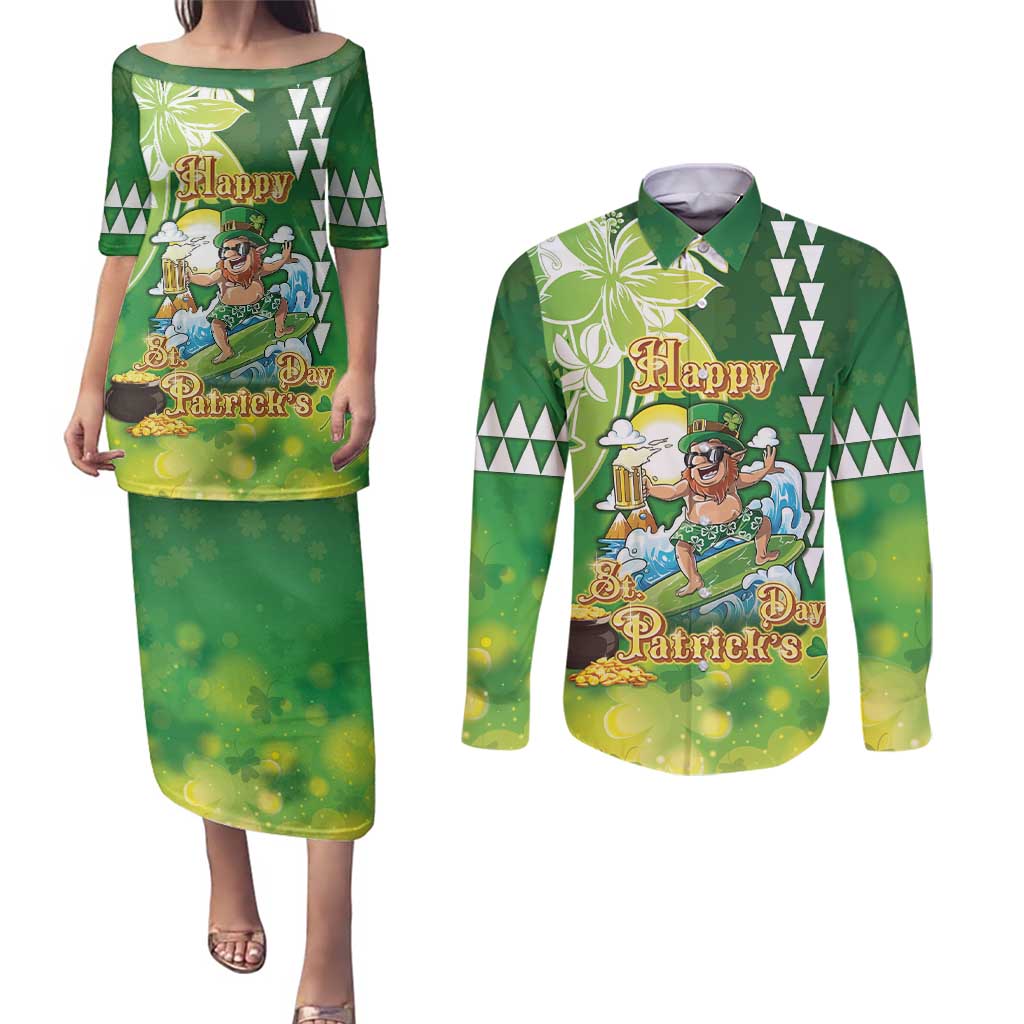 Hawaii Saint Patrick's Day Couples Matching Puletasi and Long Sleeve Button Shirt Funny Surfing Leprechaun