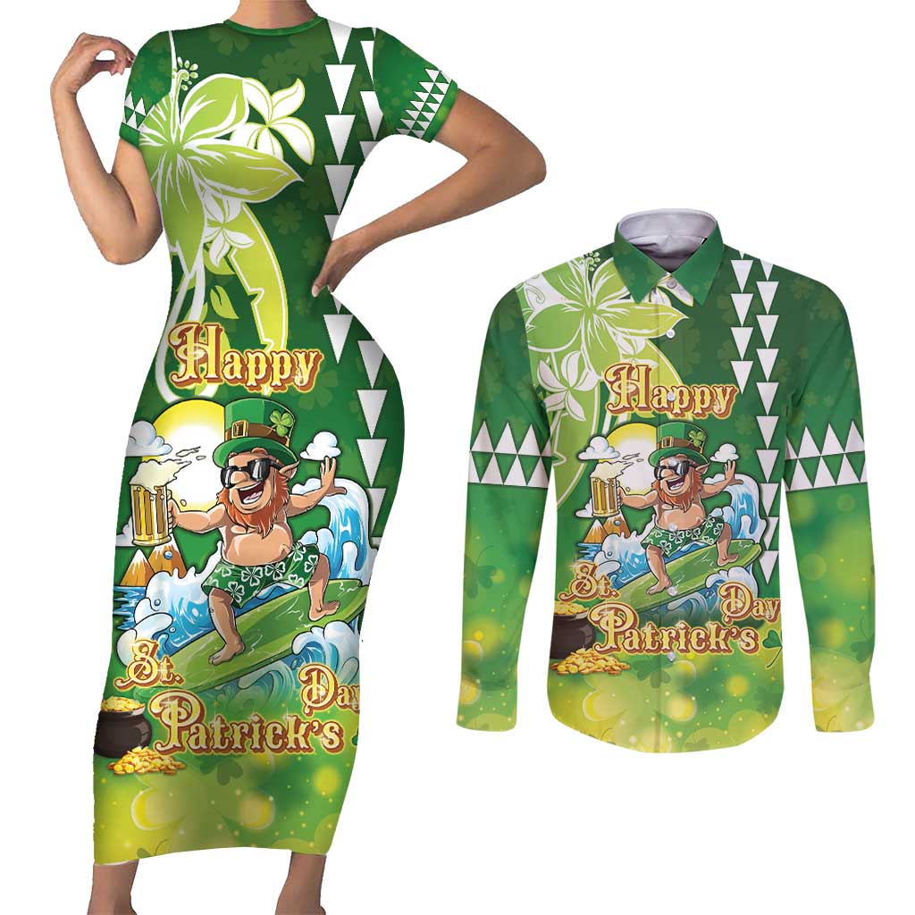 Hawaii Saint Patrick's Day Couples Matching Short Sleeve Bodycon Dress and Long Sleeve Button Shirt Funny Surfing Leprechaun