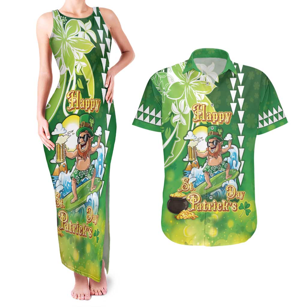 Hawaii Saint Patrick's Day Couples Matching Tank Maxi Dress and Hawaiian Shirt Funny Surfing Leprechaun