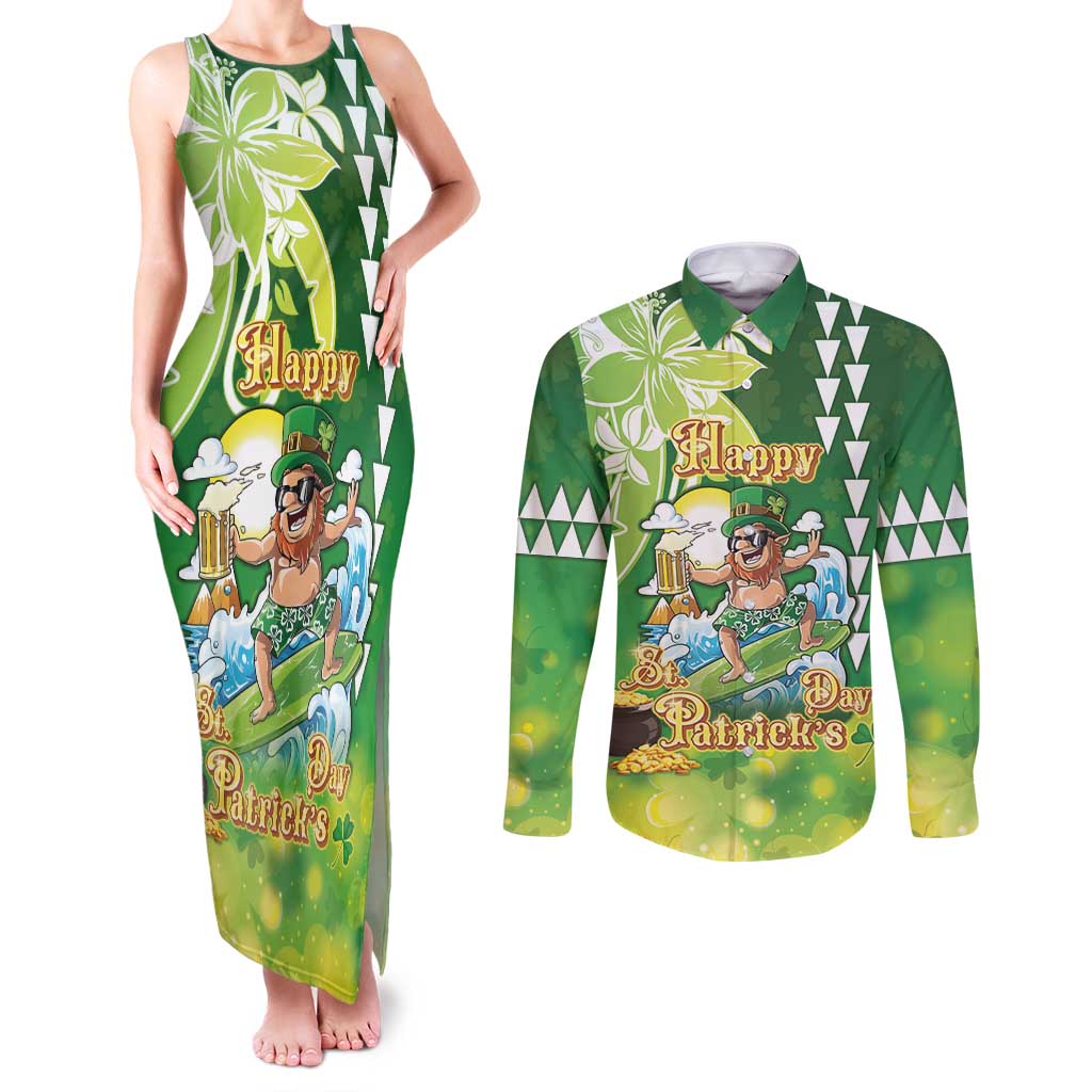 Hawaii Saint Patrick's Day Couples Matching Tank Maxi Dress and Long Sleeve Button Shirt Funny Surfing Leprechaun