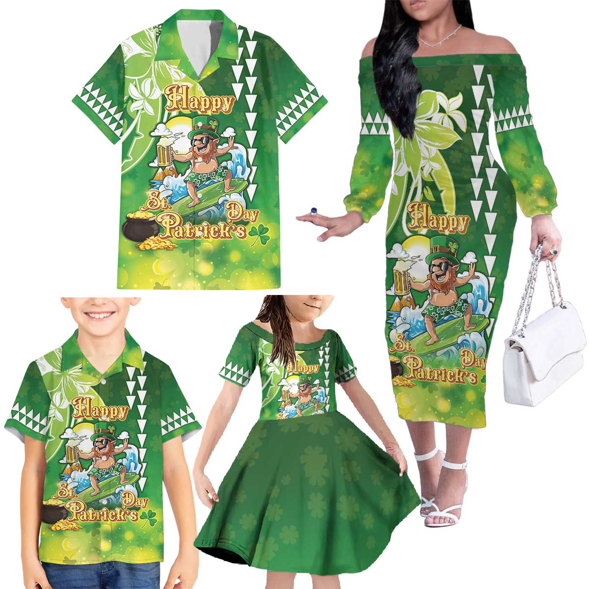 Hawaii Saint Patrick's Day Family Matching Off The Shoulder Long Sleeve Dress and Hawaiian Shirt Funny Surfing Leprechaun