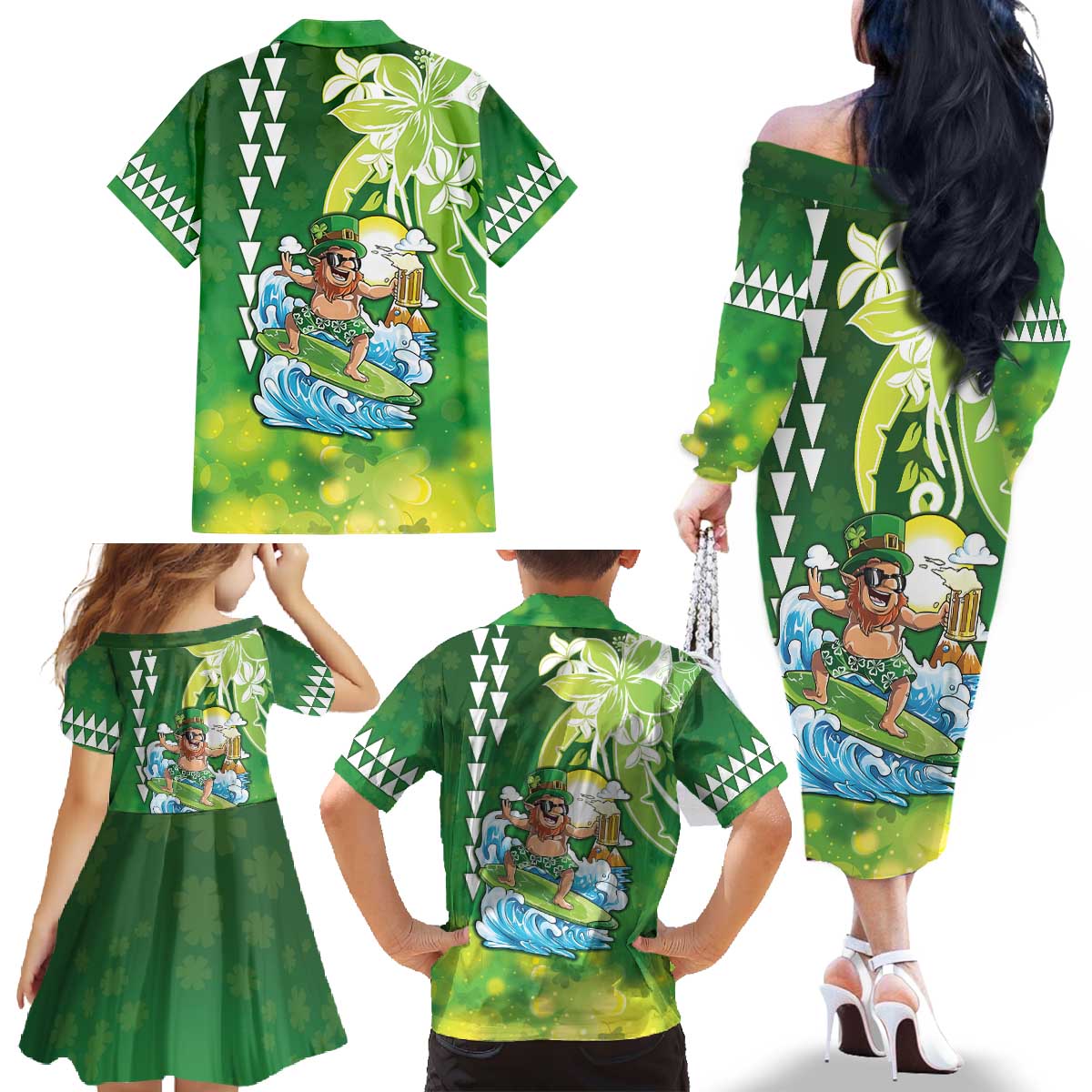 Hawaii Saint Patrick's Day Family Matching Off The Shoulder Long Sleeve Dress and Hawaiian Shirt Funny Surfing Leprechaun