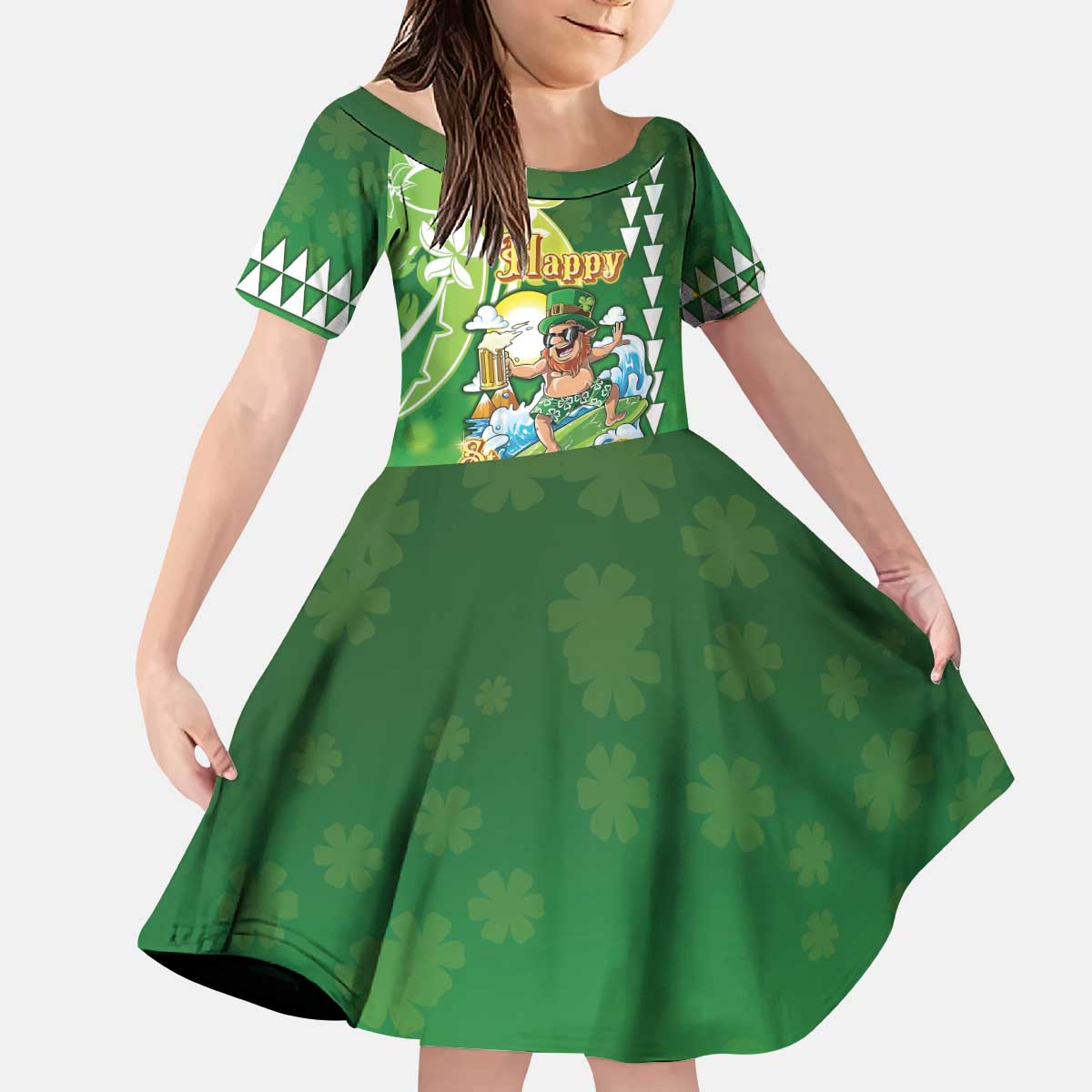 Hawaii Saint Patrick's Day Kid Short Sleeve Dress Funny Surfing Leprechaun